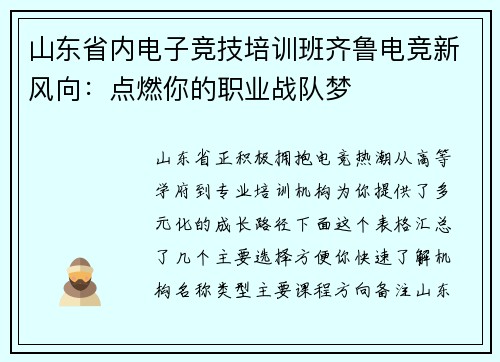 山东省内电子竞技培训班齐鲁电竞新风向：点燃你的职业战队梦